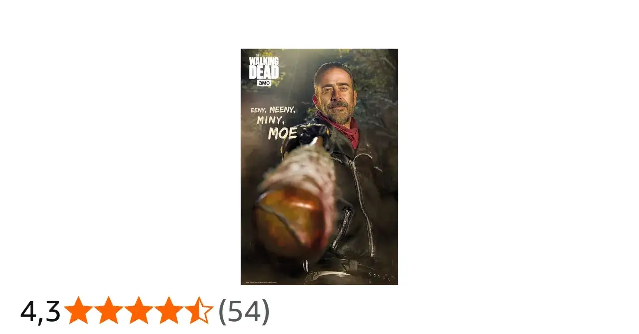 Negan z The Walking Dead 6, z kijem owiniętym drutem kolczastym, groźnie patrzy na widza.