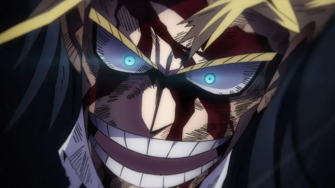 All Might z My Hero Academia, z ranami na twarzy i niebieskimi oczami, w oczekiwaniu na kolejne sezony.