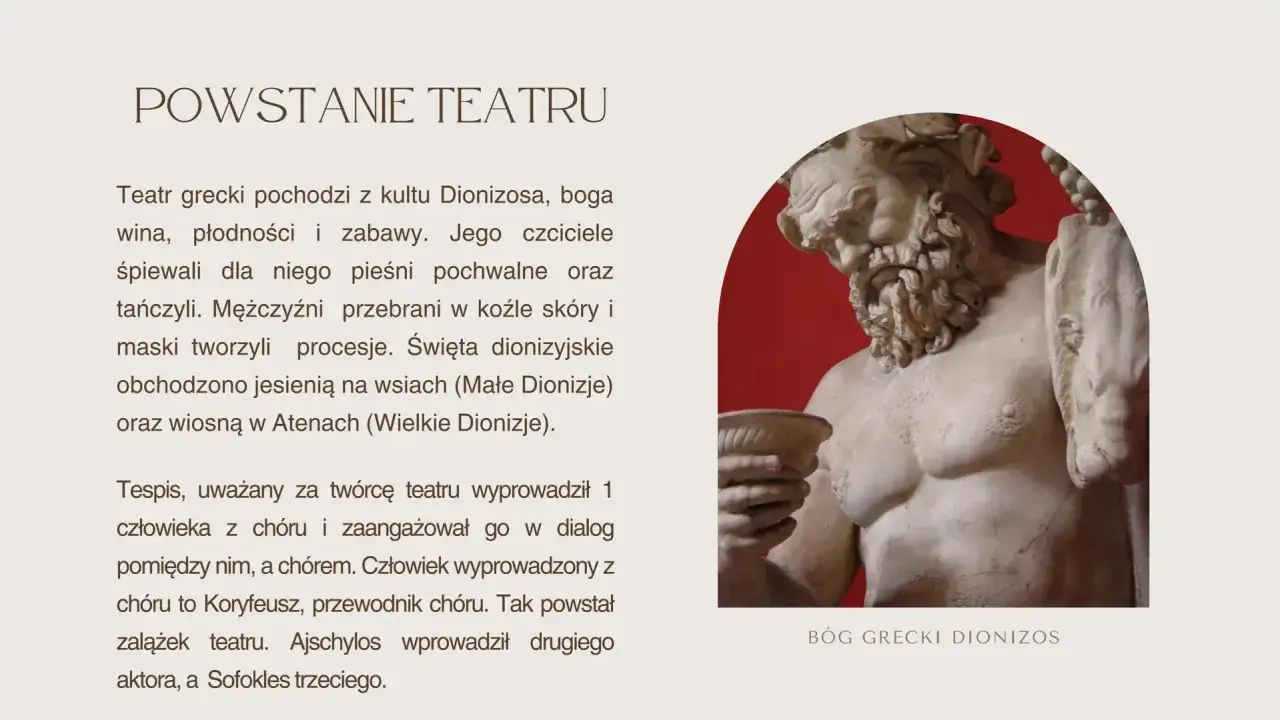 Ajschylos wprowadził drugiego aktora, a Sofokles trzeciego, rozwijając teatr grecki. Rzeźba Dionizosa.