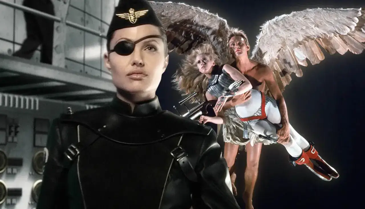 Angelina Jolie w roli zbirki, obok anioła niosącego kobietę. To scena z filmu, który znajdzie się na liście 100 filmów które trzeba obejrzeć.