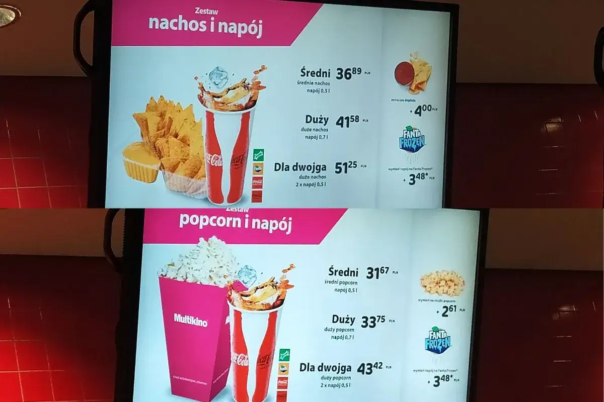 Zestaw nachos i napój: średni 36,89 zł, duży 41,58 zł, dla dwojga 51,25 zł. Wymiana na Fanta Frozen +3,48 zł.
